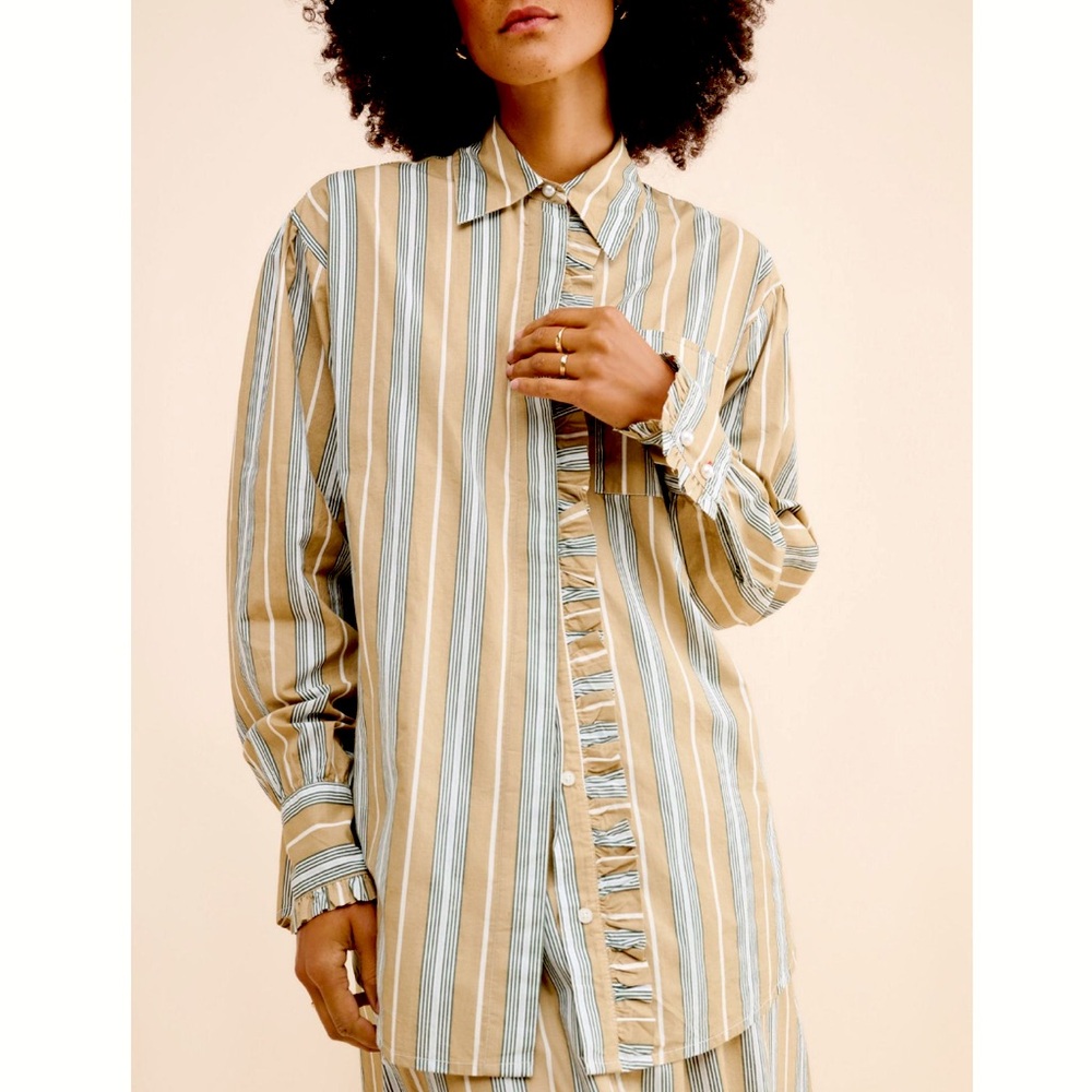 Chic Striped Button Down Shirt - Tan and Blue